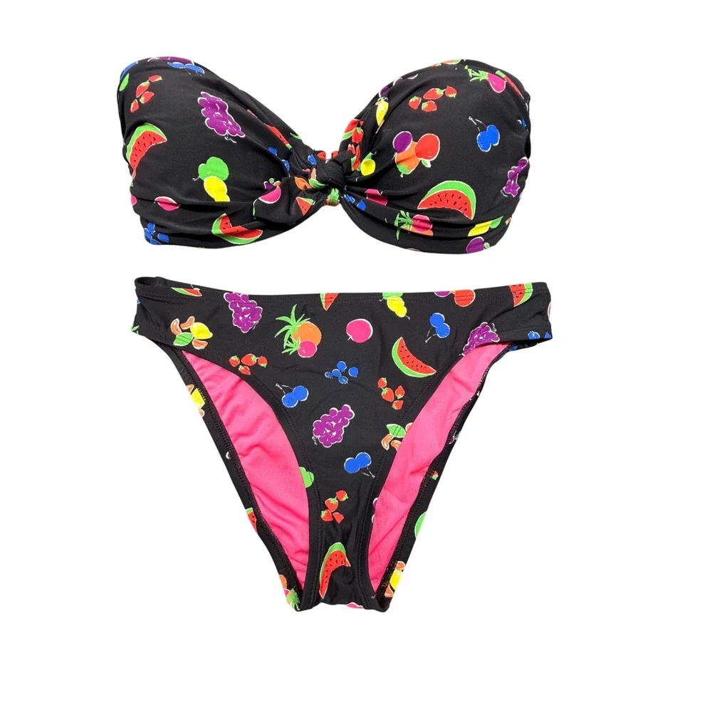 Kate Spade Black Fruit Print Bandeau Bikini Set Neon Two Piece Swimsuit NWT